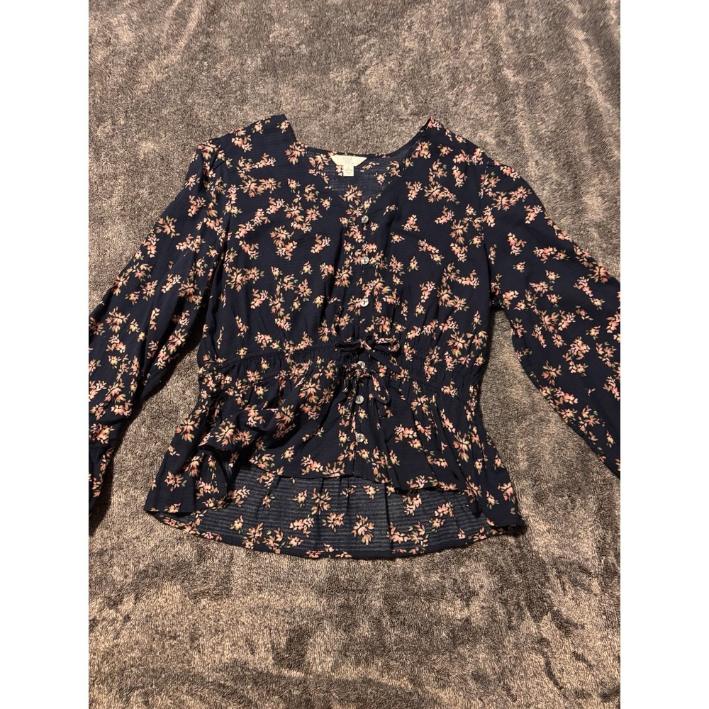 Time And Tru Navy Blue Peplum Floral Shirt Size 12-14 - Picture 2 of 13
